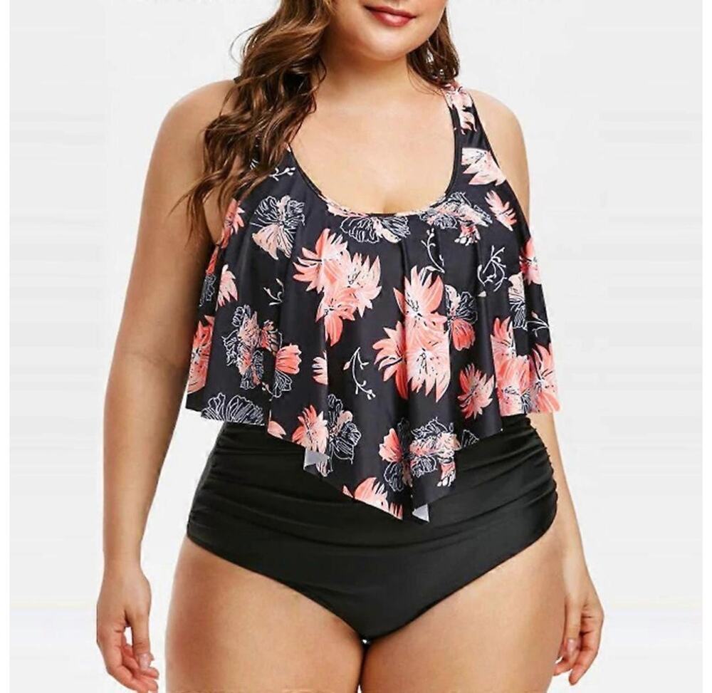 New Amazon High Waist Swimwear Tankini & Bottom Set Ruffles Swimsuit Size 2XL